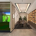 Indoor Golf Simulator Fitness Space With Lounge Area Tables Chairs Green Plants And Display Cabinets