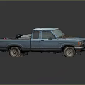 Old Blue Pickup Truck With Rusty Body And Red Bucket White Package In Bed