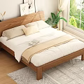Cozy Bedroom Interior With Wooden Bed Wall Art Pillows Blanket Curtains And Green Plants