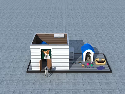 White Pet House With Blue Dog Kennel And Pet Supplies Including Toys And Mat 3d model