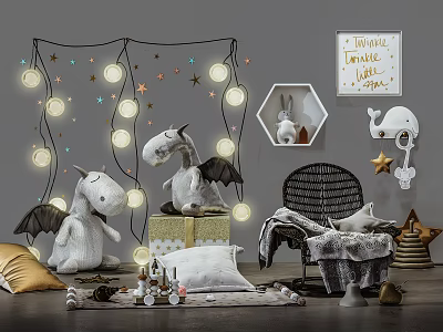 Plush Toys Kids Room Arrangement With Star String Lights Gift Box And Wall Art 3d model