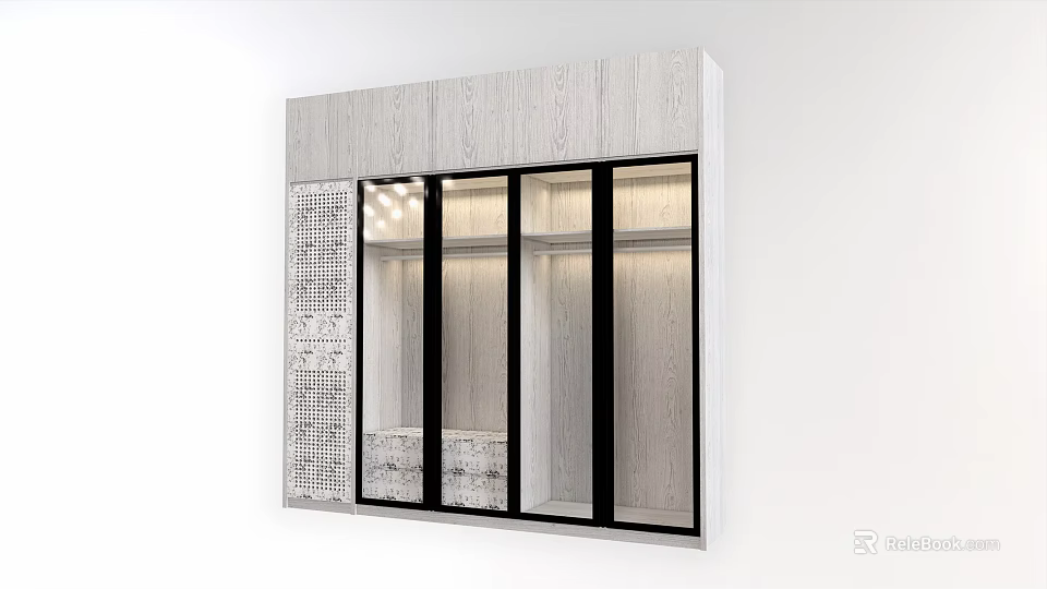 Modern Wooden Wardrobe With Glass Doors Decorative Panel And Built In Lighting 3d model 