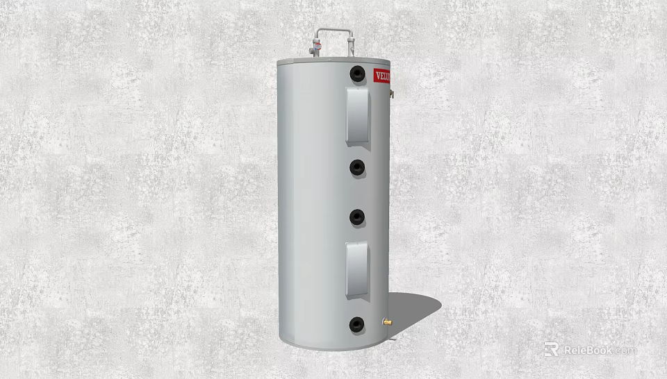 Cylindrical Silver Water Heater With Red Label And Multiple Ports 3d model 