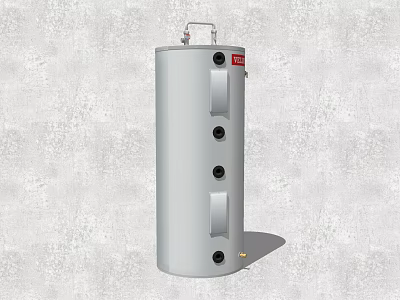 Cylindrical Silver Water Heater With Red Label And Multiple Ports 3d model