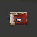 Teal Walled Kitchen Interior With Red Floor Cabinets Refrigerator Dining Table Plants And Decorative Paintings