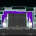 Contemporary Stage Design Featuring Purple Curtains Blue Lighting Geometric Decorations Spotlights And Standing Central Person