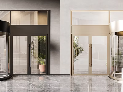 Modern Entrance With Revolving Doors Glass Doors Potted Plants And Marble Floor 3d model
