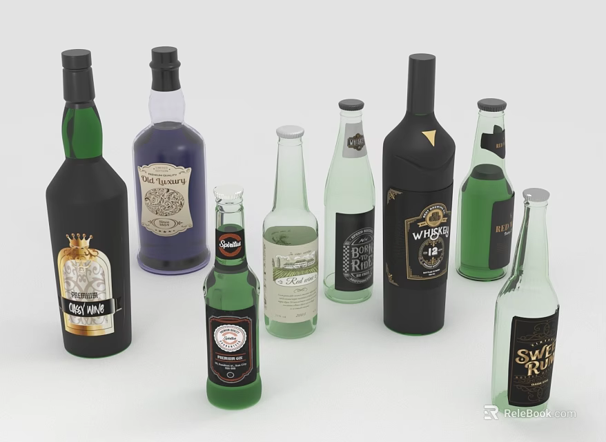 Various Glass Beverage Bottles With Different Shapes Labels And Colors 3d model 