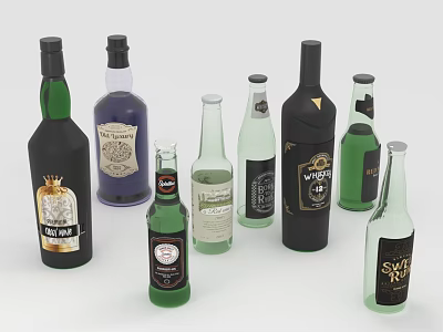 Various Glass Beverage Bottles With Different Shapes Labels And Colors 3d model