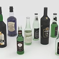 Various Glass Beverage Bottles With Different Shapes Labels And Colors
