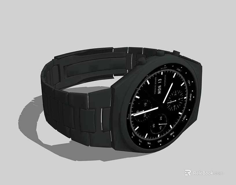 Modern Black Smartwatch With Black Dial White Markers Hands And Metal Strap 3d model 