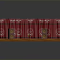 Theatrical Stage Setup With Red Curtains Repeating Patterns Wooden Platform And Speakers