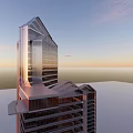 Contemporary High Rise Building Complex With Glass Curtain Walls And Geometric Shapes