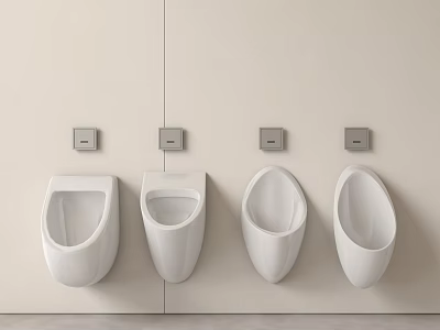 Four White Wall Mounted Urinals With Flush Buttons On Beige Bathroom Wall 3d model