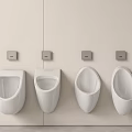 Four White Wall Mounted Urinals With Flush Buttons On Beige Bathroom Wall