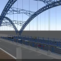 Blue Arch Bridge with Steel Structure and Vehicles Over Water Surface Supported by Piers