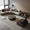 Modern L Shaped Sofa and Round Coffee Table Set with Plush Cushions and Leather Armchair