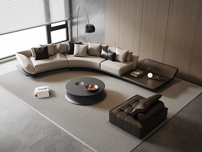 Modern L Shaped Sofa and Round Coffee Table Set with Plush Cushions and Leather Armchair 3d model