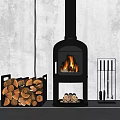 Modern Design Fireplace With Burning Fire Wood Stack And Fireplace Tools 3d model