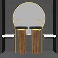 Modern Double Washstand with Gold Faucets Wooden Columns Round Mirror and Black Grid Wall