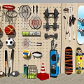 Organized Wall Display of Sports Equipment With Balls Dumbbells Skateboards And Rackets