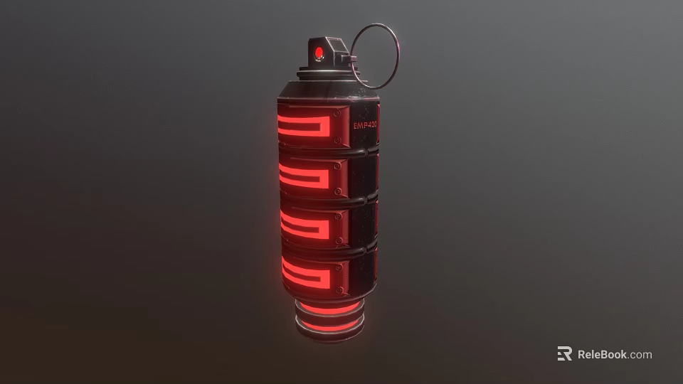 Tactical Military Grenade With Red Glowing Strips Cylindrical Metal Body And Pull Ring 3d model 