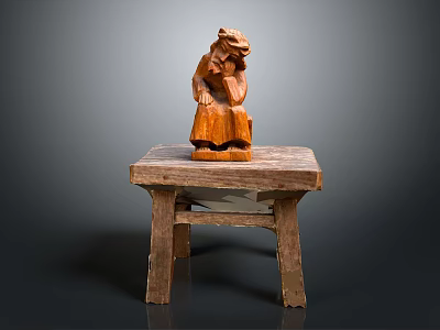 Rustic Wooden Table With Hand Carved Decorative Figure On Top 3d model