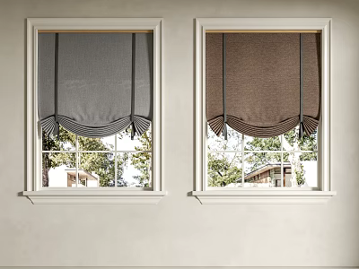 Stylish Roman Blinds In Gray And Brown On Two Windows With White Frames 3d model