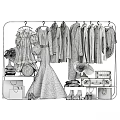 Trendy Women's Dresses Coats Shirts Hanging on Racks with Accessories Bags Hats Shoes