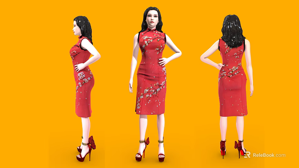 Woman In Red Floral Qipao Red High Heels Shown From Different Angles On Orange Background 3d model 