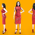 Woman In Red Floral Qipao Red High Heels Shown From Different Angles On Orange Background