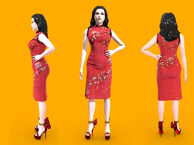 Woman In Red Floral Qipao Red High Heels Shown From Different Angles On Orange Background 3d model