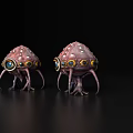Two Pink Alien Creatures With Large Eyes And Tentacles On Black Background