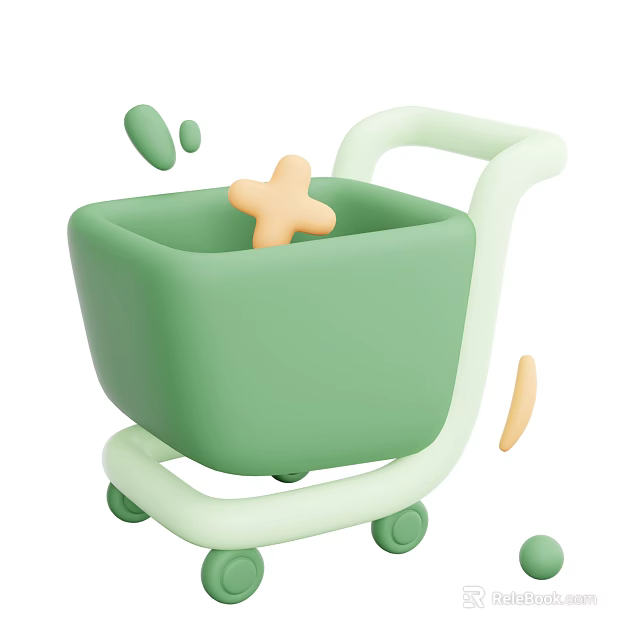 Cute 3D Green Shopping Cart With Yellow Star And Scattered Decorative Elements 3d model 