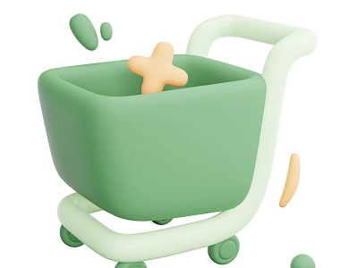 Cute 3D Green Shopping Cart With Yellow Star And Scattered Decorative Elements 3d model