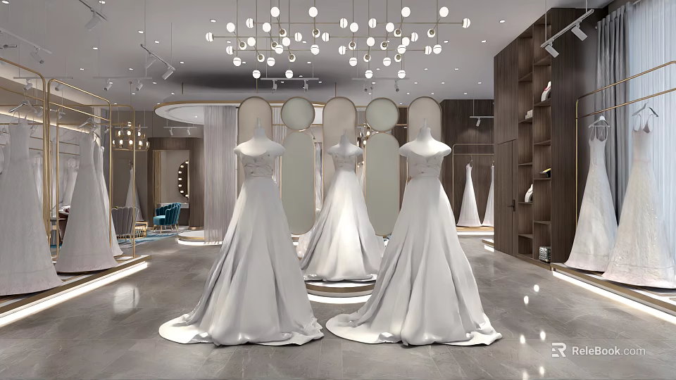 Elegant Bridal Shop Interior With White Wedding Dresses On Mannequins Chandeliers And Mirrors 3d model 