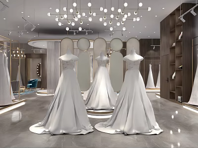 Elegant Bridal Shop Interior With White Wedding Dresses On Mannequins Chandeliers And Mirrors 3d model