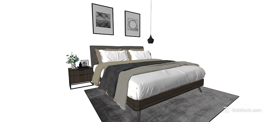 Modern Double Bed with Bedside Table Decorative Paintings Pendant Light and Rug 3d model