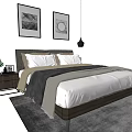 Modern Double Bed with Bedside Table Decorative Paintings Pendant Light and Rug 3d model