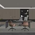 Modern Office Interior With Wooden Desk Ergonomic Chairs Bookshelf And Green Plant