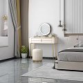 Elegant Vanity Table With Round Mirror Organized Drawers And Stool In Bedroom
