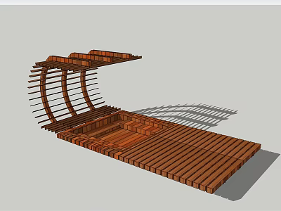Outdoor Wooden Pergola With Curved Structure And Wooden Platform Design 3d model