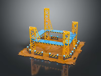 Construction Site Landscape With Yellow Cranes Blue Platforms And Warning Signs On Brown Ground 3d model