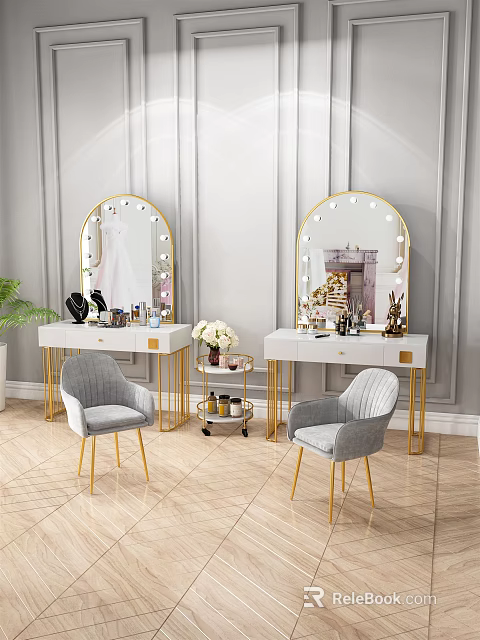 Elegant Dressing Tables With Gold Framed Lit Mirrors Grey Chairs White Countertops Decorations 3d model 