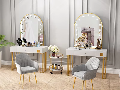 Elegant Dressing Tables With Gold Framed Lit Mirrors Grey Chairs White Countertops Decorations 3d model
