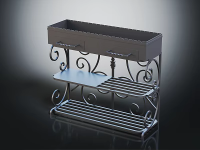 Decorative Metal Storage Shelf With Wrought Iron Scrolls And Drawers 3d model