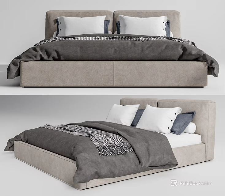 Modern Double Bed With Upholstered Headboard Plush Pillows And Cozy Bedding 3d model