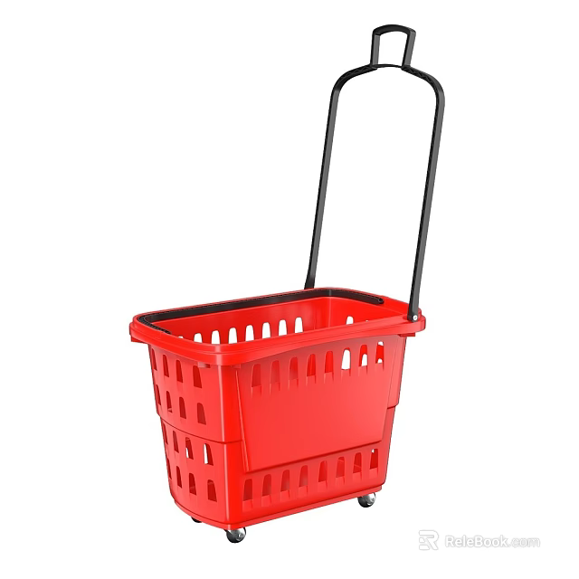 Red Shopping Basket With Black Handle And Rolling Wheels For Daily Use 3d model 