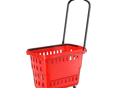 Red Shopping Basket With Black Handle And Rolling Wheels For Daily Use 3d model