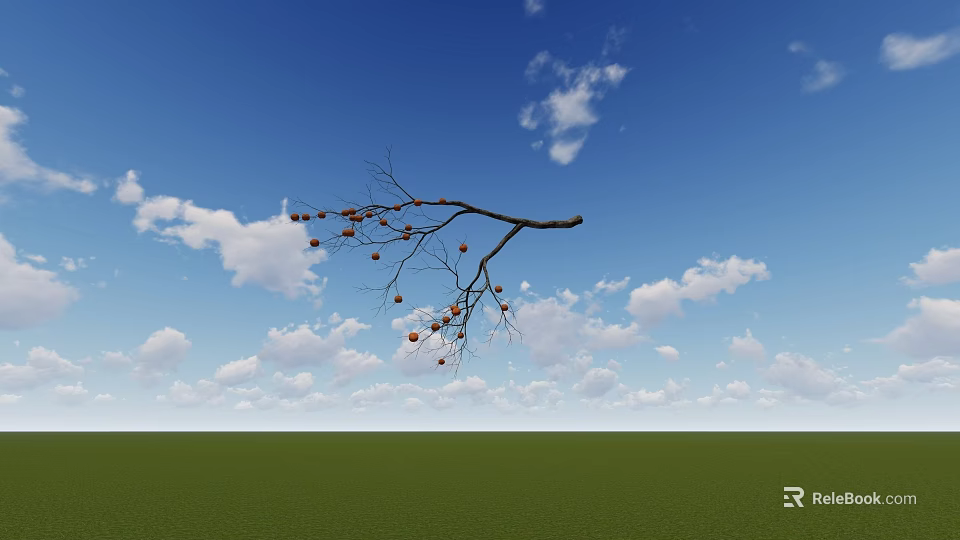 Single Tree Branch Bearing Red Fruits Under Blue Sky With White Clouds And Green Grassland 3d model 